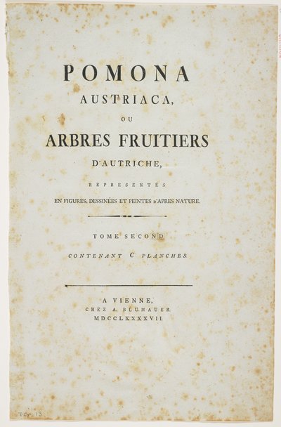 Titelsida från "Pomona Austriaca, eller Österrikes fruktträd", 1787-96 (tryck) av Johann Kraft
