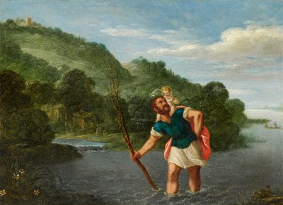 Sankt Kristoffer bär Kristusbarnet i ett landskap av Johann König