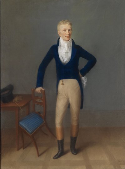 Hellängdsporträtt av en ljushårig gentleman i riddräkt, lutad på en stolsrygg av Johann Lorenz Kreul