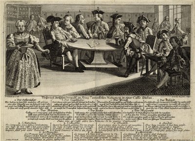 Samtal mellan 7 nationer inblandade i kriget på ett kafé, 1757 av Johann Lorenz Rugendas the Elder
