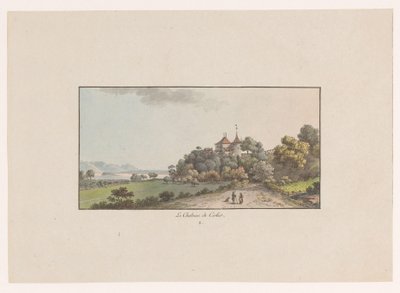Utsikt över Chateau de Cerlier i Erlach Le Chateau de Cerlier (titel på objekt) Utsikter över Schweiz (serietitel) Collection de quelques vues dessinées en Suisse d