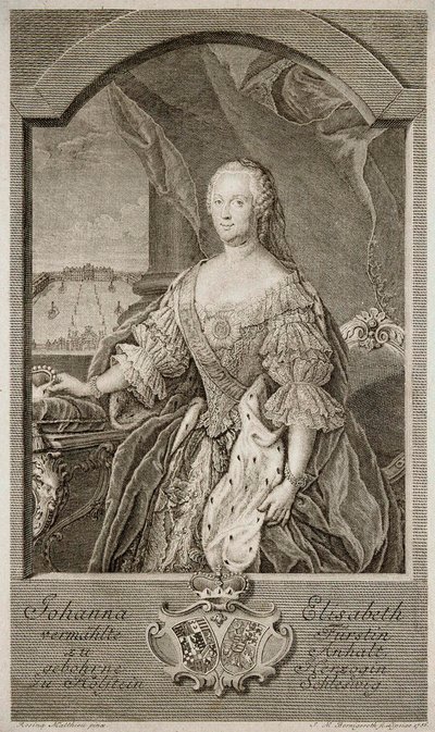 Porträtt av Johanna-Elizabeth, kurfurstin av Anhalt-Zerbst 1712-1760, mor till Katarina II, 1756. av Johann Martin Bernigeroth