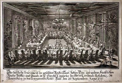 Bankett i kungens sal i kardinalen av Regensburgs palats den 26 september 1717 (gravyr) av Johann Matthias and Geyer Andreas Steidlin