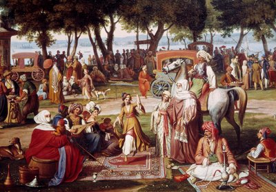 Sötvatten Asien i Konstantinopel - Sweet living: grupp män och kvinnor som röker, dansar - Målning av Johann Wittmer (1802-1880) 1837 Detalj - München, Neue Pinakothek av Johann Michael Wittmer