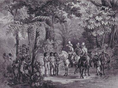 Indianernas möte med europeiska upptäcktsresande från "Picturesque Voyage to Brazil" av Johann Moritz Rugendas