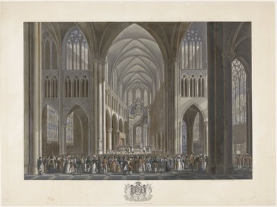 Välsignelse av kung Willem I i Saint Gudula-kyrkan i Bryssel den 21 september 1815 Tolv skyltar med ankomsten och invigningen av William I i Bryssel och striderna vid Quatre-Bras och Waterloo 1815 (serietitel) av Johann Nepomuk Gibèle (possibly)