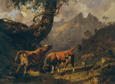 Tjur som jagar en ko, i bakgrundslandskapet nära Carrara av Johann Nepomuk Rauch