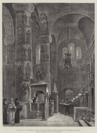 Interiör av katedralen Church of the Assumption (Uspenski Sabor) i Kreml i Moskva, där Rysslands kejsare kommer att krönas av Johann Nepomuk Schonberg