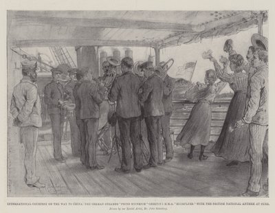 Internationell artighet på väg till Kina, den tyska ångbåten Prinz Heinrich hälsar HMS Highflyer med den brittiska nationalsången vid Suez. av Johann Nepomuk Schonberg