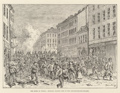 Upploppen i Wien, husarer som jagar pöbel i Lerchenfelder-Strasse av Johann Nepomuk Schonberg