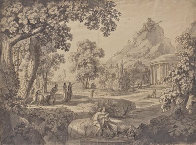 Klassiskt landskap med ett tempel, en jätte på ett berg av Johann Nepomuk Schödlberger