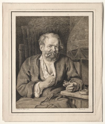 Bonde sitter vid ett bord och röker pipa, 1817-1821. av Johann Nepomuk Strixner