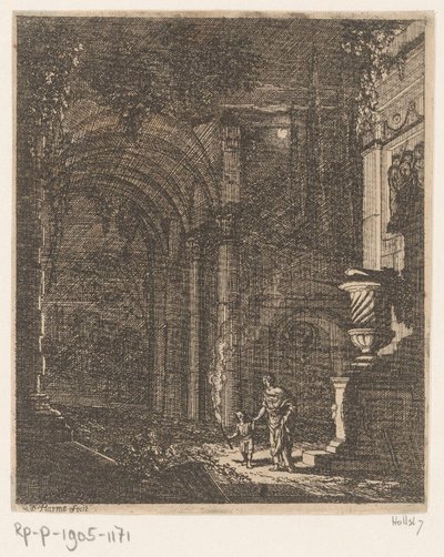 Två figurer lyser upp gamla ruiner med en fackla Forntida ruiner och byggnader (serietitel) Alcune Inventione de Ruini et Architectura (...) (serietitel) av Johann Oswald Harms