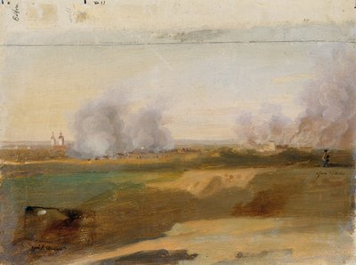 Landskapsstudie med brinnande byar i bakgrunden av Johann Peter Krafft