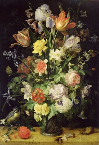 Still Life with Flowers and Blue Tit  av Johann Rudolf Byss