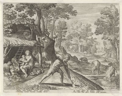 Adam och Eva på jobbet utanför Paradise Earth Historien om Kains familj / Om goda och dåliga verk (serietitel) Boni et mali scientia (serietitel) av Johann Sadeler (I)