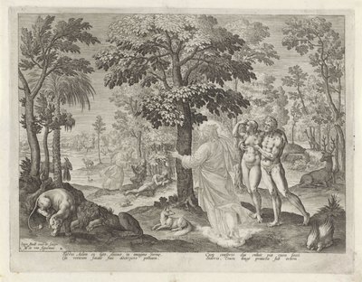 Adam och Eva i paradiset Historien om Kains familj / Om goda och dåliga verk (serietitel) Boni et mali scientia (serietitel) av Johann Sadeler (I)