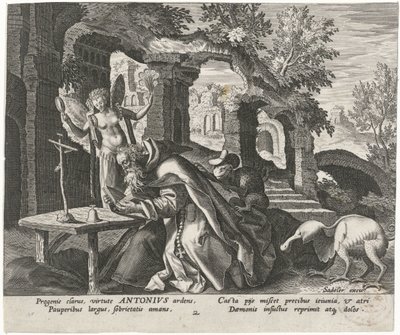 Anthony den store som eremit Manliga eremiter (serietitel) Solitudo Sive Vitae Patrum Eremicolarum (serietitel) av Johann Sadeler (I)
