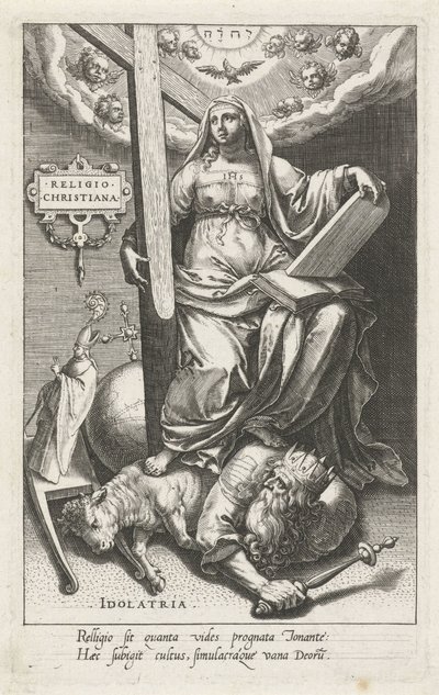 Kristen religion (Religio Christiana) övervinner avgudadyrkan (Idolatria) Religion Christiana (titel på objekt) Dygderna erövrar lasterna (serietitel) av Johann Sadeler (I)