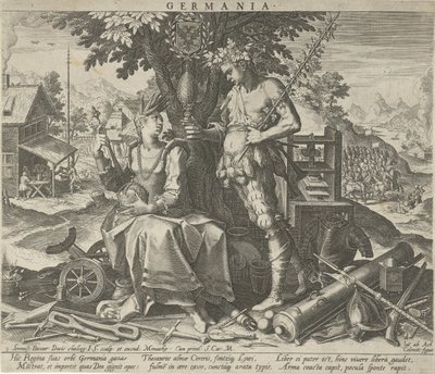 Tyskland med Ceres och Bacchus Germania (titel på objekt) Allegoriska representationer av europeiska länder (serietitel) av Johann Sadeler (I)
