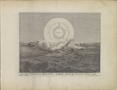 Första scheppingsdag: scheiding van licht en darknessen Schepping van de wereld (serietitel) Detta är den bibliska teatern för Gamla och Nya testamentets heliga historia uttryckt i bronsplattor (serietitel) av Johann Sadeler (I)