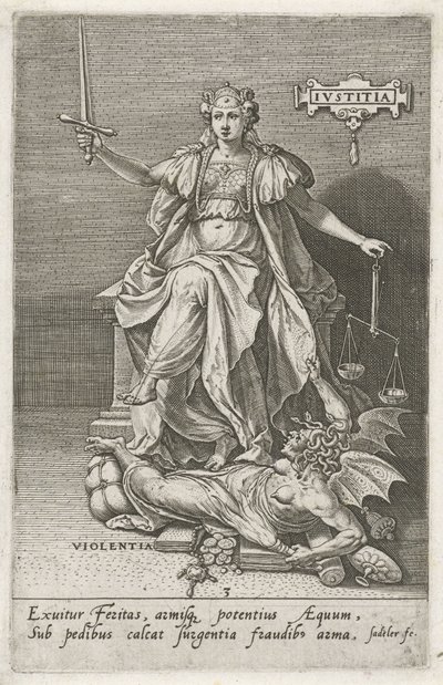 Rättvisa (Justitia) erövrar våld (Violentia) Rättvisa (titel på objekt) Dygder övervinner laster (serietitel) av Johann Sadeler (I)