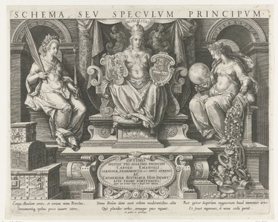 Authority (Potestas), Prestige (Nobilitas) och Benevolence (Liberalitas) Titeltryck för en serie om en prinss egenskaper Principal Occupations of a Prince (serietitel) Schema, seu speculum principum (serietitel) Schema, sev specvlvm av Johann Sadeler (I)