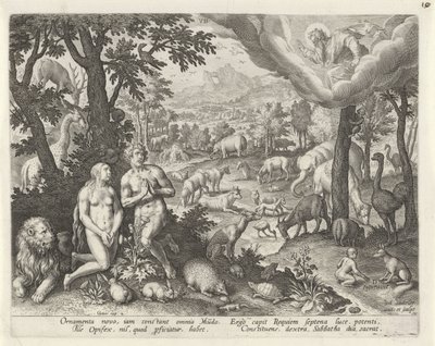 Gud Fadern välsignar Adam, Eva och djuren Creation of the World (serietitel) av Johann Sadeler (I)