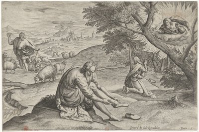 Gud visar sig för Mose i den brinnande busken Historia om Moses före uttåget (serietitel) Historia plagarum in Aegiepto (serietitel) av Johann Sadeler (I)