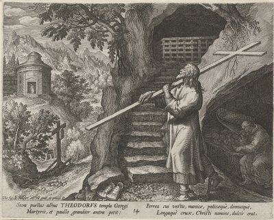 Saint Theodore Tiro som eremit Eremiternas dygdiga liv (serietitel) Trophaeum vitae solitariae (serietitel) av Johann Sadeler (I)