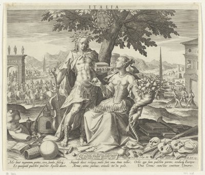 Italien, med Venus och Apollo Italien (titel på objekt) Allegoriska representationer av europeiska länder (serietitel) av Johann Sadeler (I)