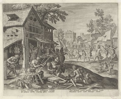 Jubal och hans familj tillverkar musikinstrument Historia om Kains familj / Om gott och dåligt arbete (serietitel) Boni et mali scientia (serietitel) av Johann Sadeler (I)