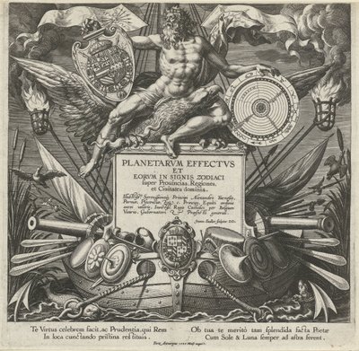 Jupiter en en krigsschip med pistolen av Alessandro Farnese Titelprent van een prentserie over de influence van de planeten over streken Effekter av planeterna och deras tecken i zodiaken (serietitel) Planetarvm effectvs och eorvm i zodiakens tecken (ser av Johann Sadeler (I)