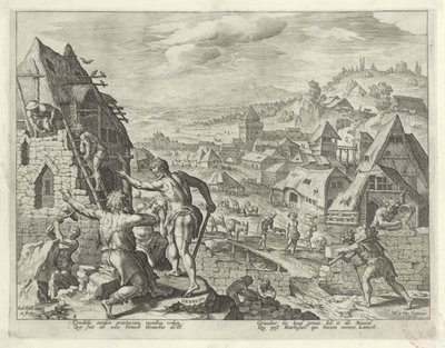 Kain bygger staden Enoks Historien om Kains familj / Om goda och dåliga verk (serietitel) Boni et mali scientia (serietitel) av Johann Sadeler (I)