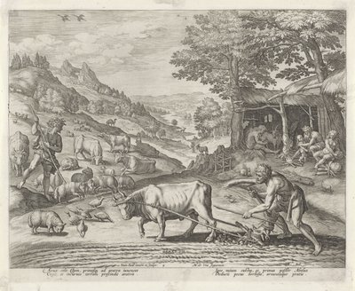 Kain och Abel som bonde och herde Historien om Kains familj / Om goda och dåliga verk (serietitel) Boni et mali scientia (serietitel) av Johann Sadeler (I)
