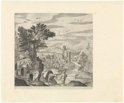 Landskap med en bonde och hans åsna Italienska landskap (serietitel) av Johann Sadeler (I)
