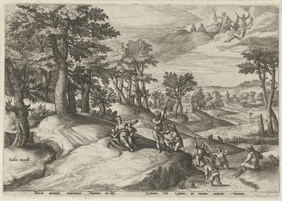 Leto (Latona) förvandlar lykierna till grodor Landskap med mytologiska scener (serietitel) av Johann Sadeler (I)