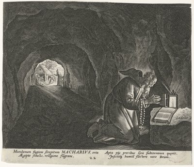 Macarius av Egypten som en eremit Manliga eremiter (serietitel) Solitudo Sive Vitae Patrum Eremicolarum (serietitel) av Johann Sadeler (I)