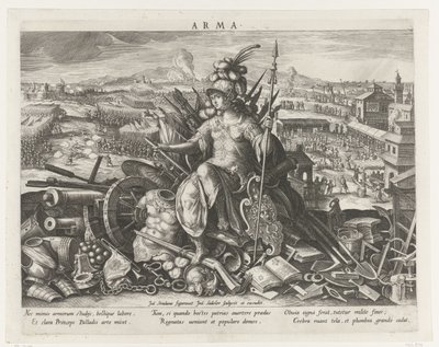 Minerva som beskyddare av kampsporten Arma (titel på objekt) Principal Activities of a Prince (serietitel) Schema, seu speculum principum (serietitel) av Johann Sadeler (I)