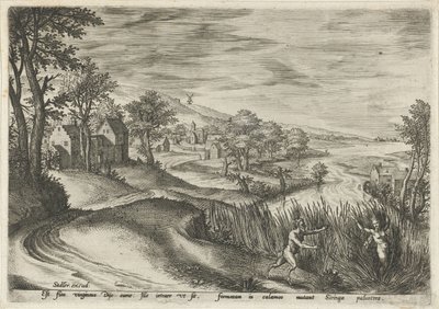 Pan jagar nymfen Syrinx Landskap med mytologiska scener (serietitel) av Johann Sadeler (I)