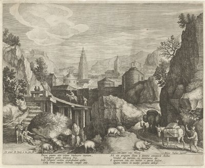 Stenigt landskap med fabeln om åsnan och vildsvinet Emblem i ett landskap (serietitel) av Johann Sadeler (I)