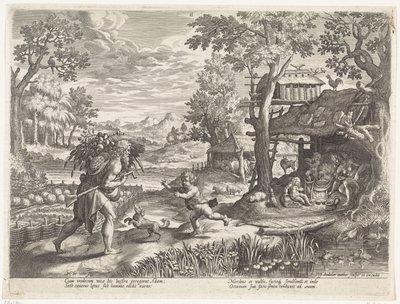 Set hälsar Adam när han kommer tillbaka från fältet Historia om Sets familj / Att bedöma det goda och det dåliga (serietitel) Bonorum et Malorum consensio (serietitel) av Johann Sadeler (I)