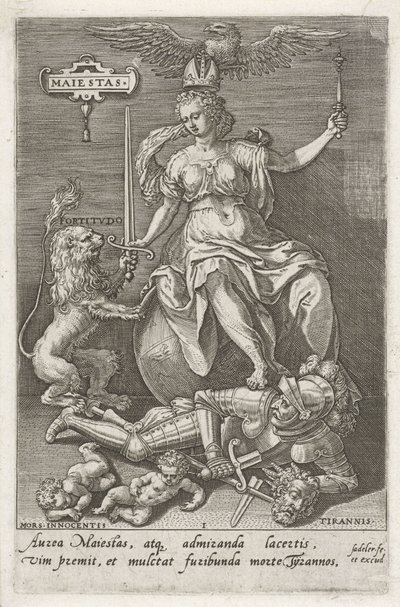Värdighet (Majestas) övervinner Tyranni (Tyrannis) Maiestas (titel på objekt) Dygderna erövrar lasterna (serietitel) av Johann Sadeler (I)