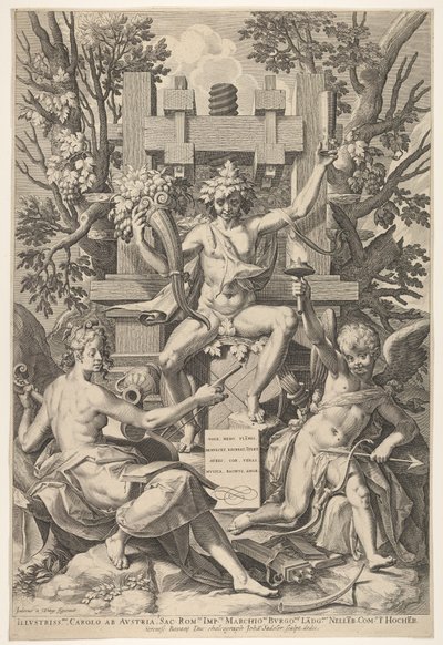 Bacchus, Musik, Amor, 1575-1600. av Johann Sadeler I
