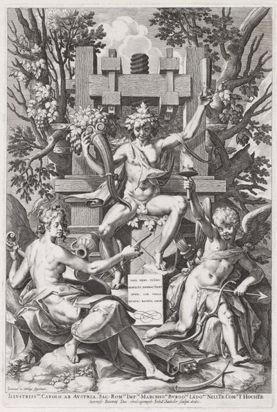 Bacchus sittande på en tunna mellan amor och musik, ca. 1590. av Johann Sadeler I