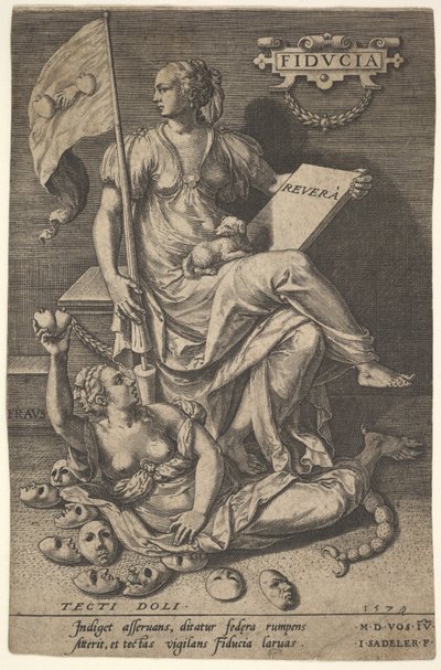 Fiducia, en sittande kvinna håller i en bok och en banderoll medan hon vänder bort huvudet från en bar..., 1579. av Johann Sadeler I