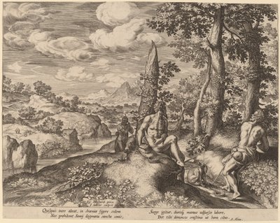 Landskap med tre nakna män och en hund. av Johann Sadeler I