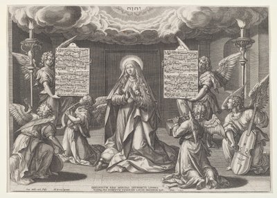 Magnificat: Jungfrun omgiven av musikskapande änglar, 1585. av Johann Sadeler I