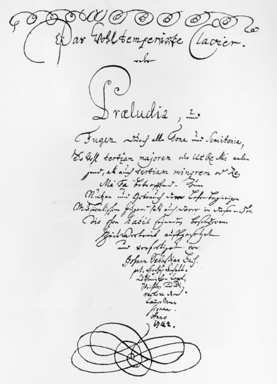Handskriven titelsida för The Well Tempered Piano, 1722 (penna och bläck på papper) av Johann Sebastian Bach