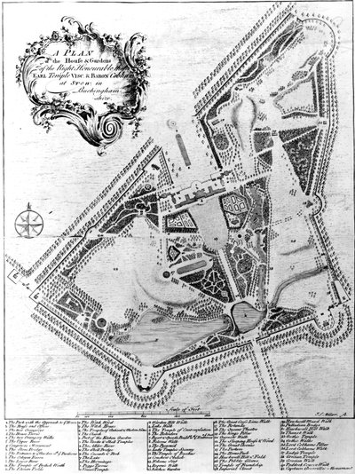En plan över huset och trädgårdarna i Stowe, Buckinghamshire av Johann Sebastien Muller